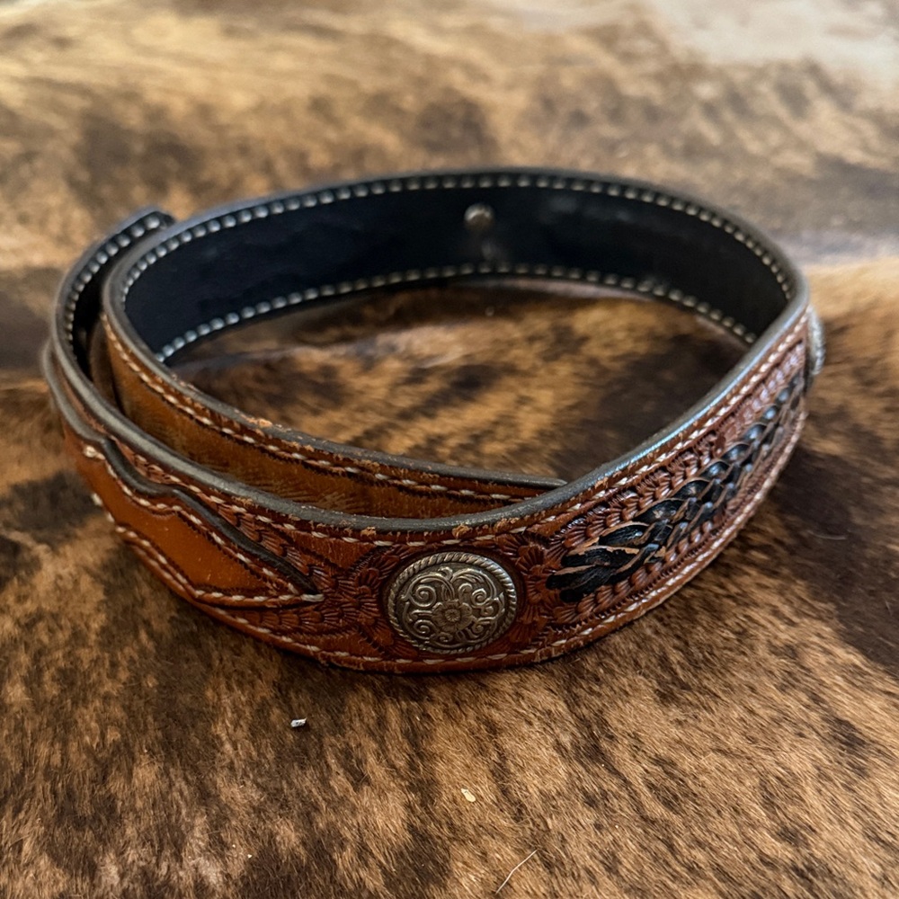 Men's Brown Tooled Leather Belt with Decorative Concho